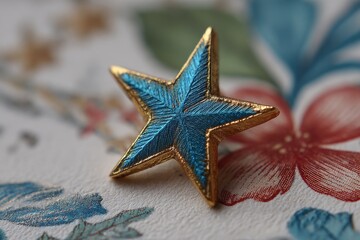 Fototapete - Shiny blue star sits on a textured surface next to the edge of a stack of paper or cards
