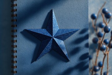 Fototapete - Shiny blue star sits on a textured surface next to the edge of a stack of paper or cards