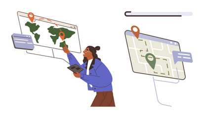 Poster - Woman interacts with digital map interface while holding a tablet, using geolocation pins for navigation. Ideal for navigation, travel, technology, innovation, geolocation, planning education. A