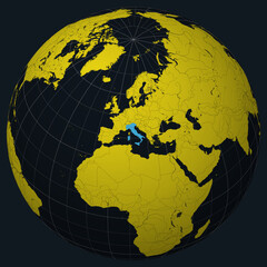 Poster - Italy on Globe. Country view on the world map in Charcoal Bright Yellow color palette. Italy shape on map. Globe with meridians, parallels, countries, rivers and lakes. Elegant vector illustration.