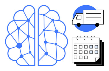 Poster - Brain with interconnected nodes, delivery truck, calendar. Ideal for logistics, AI, planning, machine learning, automation innovation time management. Combines AI efficiency with planning in
