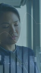 Poster - Animation of multiple graphs over thoughtful asian woman with hand on chin looking away in office