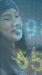 Poster - Animation of financial data processing over businesswoman using smartphone