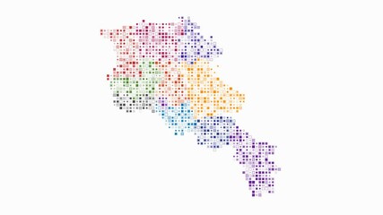 Poster - Armenia dotted animation. Shape of the country build of pulsating colored dots. Small size square blocks. Digital style map on white background. Abstract video.