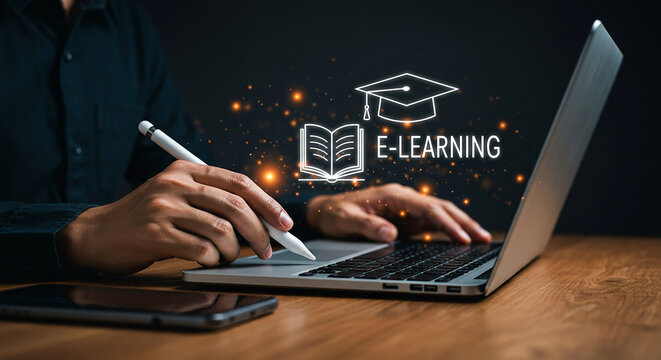 Person using laptop with stylus and phone next to e learning graphic on a dark background scene