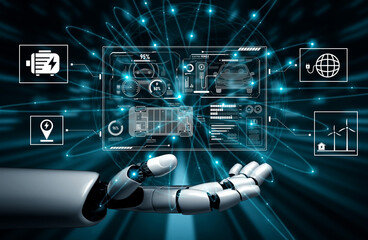 Poster - AI-Assisted Electric Vehicle and Energy Management System. Smart interface showing electric vehicle performance, battery system, and integration with renewable and grid-based energy sources Vouch