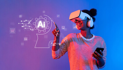 Poster - A young woman explores virtual reality while interacting with AI concepts. The colorful digital background highlights the merging of technology and creativity. XDMCP