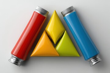 Poster - Primary colors forming a triangle with paint tubes on a neutral background creating graphic design