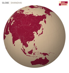 Poster - Vector Globe centered to Shanghai. Peach Burgundy palette. World map with meridians, parallels, countries, rivers and lakes. Classic vector illustration.