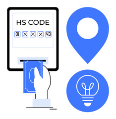 Poster - Hand inserting money into a digital terminal with HS code input screen, blue location marker, and lightbulb icon. Ideal for trade compliance, finance, technology, innovation, logistics, payments