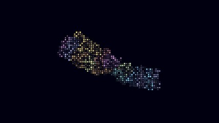 Poster - Nepal dotted animation. Shape of the country build of pulsating colored dots. Small size square blocks. Digital style map on dark background. Trending video.