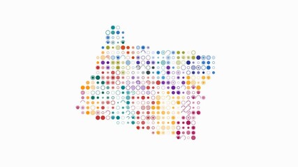 Poster - Oregon dotted animation. Shape of the state build of pulsating colored dots. Large size circle blocks. Digital style map on white background. Classy video.