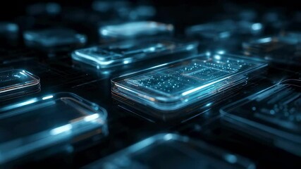 Aufkleber - An array of glowing mobile devices set against a dark azure setting highlighting interactive user interface graphics vivid holographic displays and flowing data visualizations that