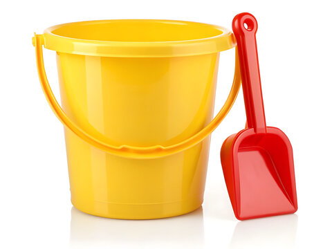 A yellow plastic bucket with a handle and a red plastic shovel leaning against it on a white surface