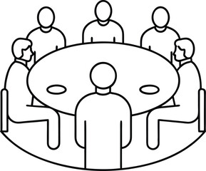 Poster - Diverse group of people in a line art style engaged in a collaborative roundtable discussion isolated on transparent background