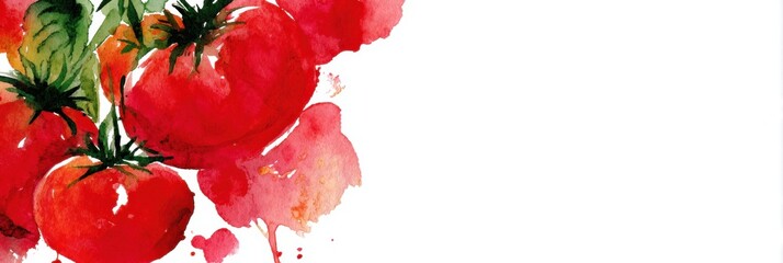Poster - Artistic Watercolor Illustration Featuring Vibrant Red Tomatoes on the Left With a Clean White Space on the Right for Creative Projects or Designs