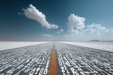 Poster - Illuminated data flow over asphalt road leading through mountains under stormy sky