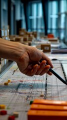 Poster - Logistics expert uses a pen to point at different locations on a map, surrounded by cardboard boxes, possibly planning delivery routes or strategizing shipments