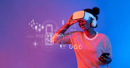 Poster - A young woman wearing a virtual reality headset interacts with digital security graphics, showcasing the exciting intersection of technology and user experience in a vibrant setting. XDMCP