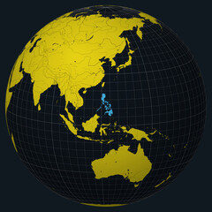 Poster - Philippines on Globe. Country view on the world map in Charcoal Bright Yellow color palette. Philippines shape on map. Globe with meridians, parallels, countries, rivers and lakes.