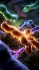 Poster - Colorful bioluminescent bacteria multiplying and spreading under microscope, revealing intricate biological growth patterns characteristic of potential disease processes