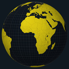 Poster - Equatorial Guinea on Globe. Country view on the world map in Charcoal Bright Yellow color palette. Equatorial Guinea shape on map. Globe with meridians, parallels, countries, rivers and lakes.
