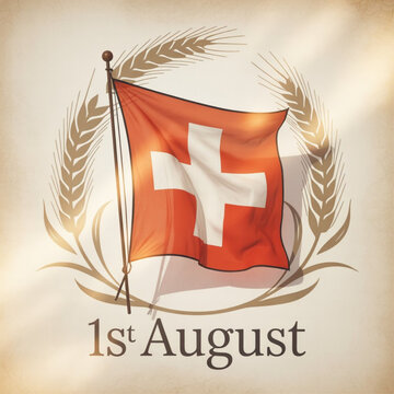 Swiss National Day banner, Switzerland flag, one-line art, abstract, minimal, 1st August.
