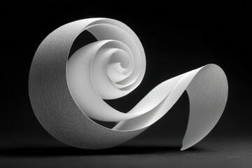 Poster - Silver paper roll spirals against black backdrop casting shadows and exhibiting depth