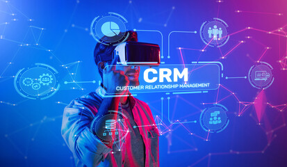  - This image showcases a person using virtual reality technology in customer relationship management, illustrating modern strategies for enhancing client engagement and business growth. XDMCP