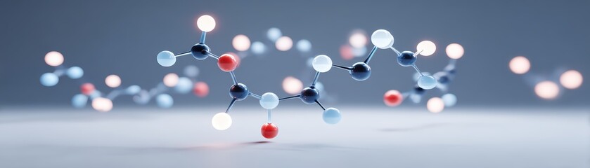 Poster - Abstract Representation of Molecules in Motion with Colorful Atoms on a Soft Gray Background