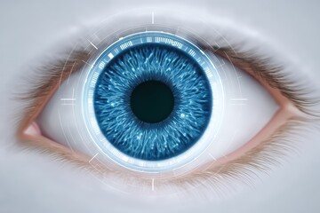 Poster - Close-up of a Human Eye with Blue Iris and Digital Elements Showcasing Vision Technology and Futuristic Design