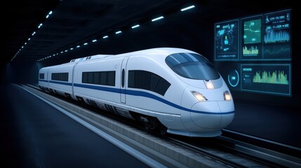 Poster - High-Speed Train in Futuristic Station with Digital Interfaces and Analytics Displaying Performance Metrics