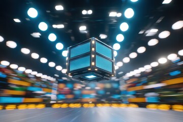Poster - Futuristic glowing cube in an illuminated arena with vibrant colorful backdrop and dramatic lighting effects