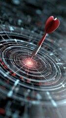Poster - Red dart hitting center of electronic target on futuristic technological background with data and connections flowing, symbolizing precision and success in achieving objectives