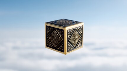 Poster - Decorative ornate cube floating above serene clouds in a blue sky during the day with intricate golden details and elegant designs