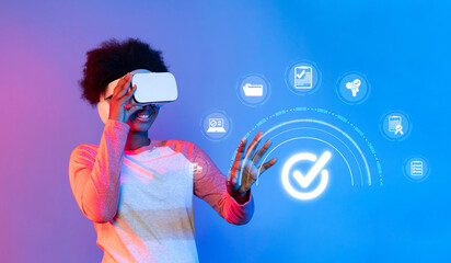 Poster - A young person explores virtual reality technology, engaging with interactive elements that symbolize quality assurance and system management in a modern digital environment. XDMCP