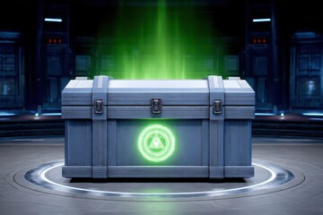 Poster - Futuristic Treasure Chest with Glowing Green Energy in a Sci-Fi Environment