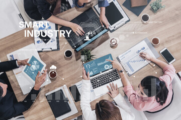 Poster - Smart industry dashboard combining automation, robotics, cloud integration, cybersecurity, and data analytics to support intelligent factory systems and real-time monitoring Vouch