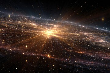 Poster - Golden ethereal light shoots outward through a dark cosmic space, with many stars and particles shining brightly to create a magical, abstract view