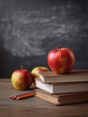 Poster - Classic Teachers Desk With Apples and Books Near Chalkboard