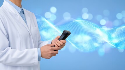 Poster - Doctor in White Coat Holding Modern Flashlight with Blue Bokeh Background and Abstract Light Waves in a Medical Setting
