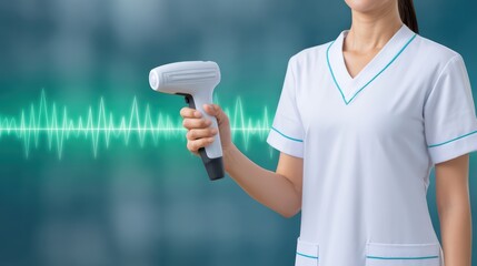 Aufkleber - Healthcare Professional Holding Handheld Device with Sound Wave Visualization in Background, Representing Modern Technology in Medicine