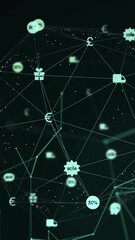 Poster - Animation of globe of connections with icons on black background