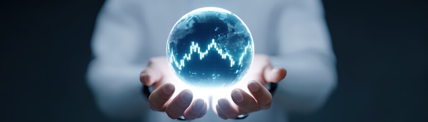 Poster - Hands Holding Glowing Sphere Representing Global Data and Stock Market Trends in a Dark Background