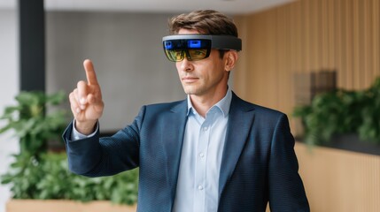 Poster - Businessman Using Smart Glasses for Augmented Reality Interaction in Modern Office Environment