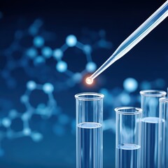 Poster - Close-Up of Pipette Dropping Liquid into Test Tube Surrounded by Molecular Structure Background in Laboratory Setting