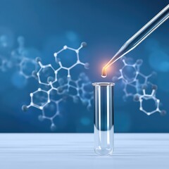 Poster - Laboratory Experiment with Test Tube and Pipette Highlighting Chemical Reaction and Molecular Structure in Soft Focus Background