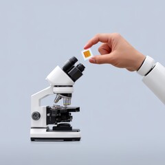 Poster - Hand Holding Sample Slide Near Microscope in Laboratory Setting with Soft Natural Light and Focused Composition