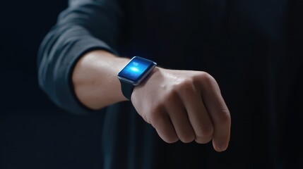 Poster - Modern Smartwatch Displaying Notifications on a User's Wrist in a Dimly Lit Environment