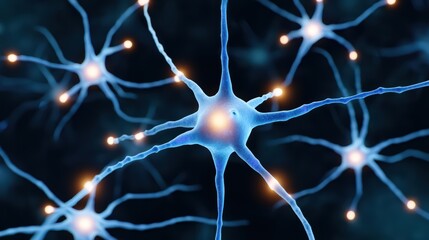 Poster - Detailed Close-up of Neurons with Bright Synapses in a Dark Background Capturing the Intricacies of Neural Communication